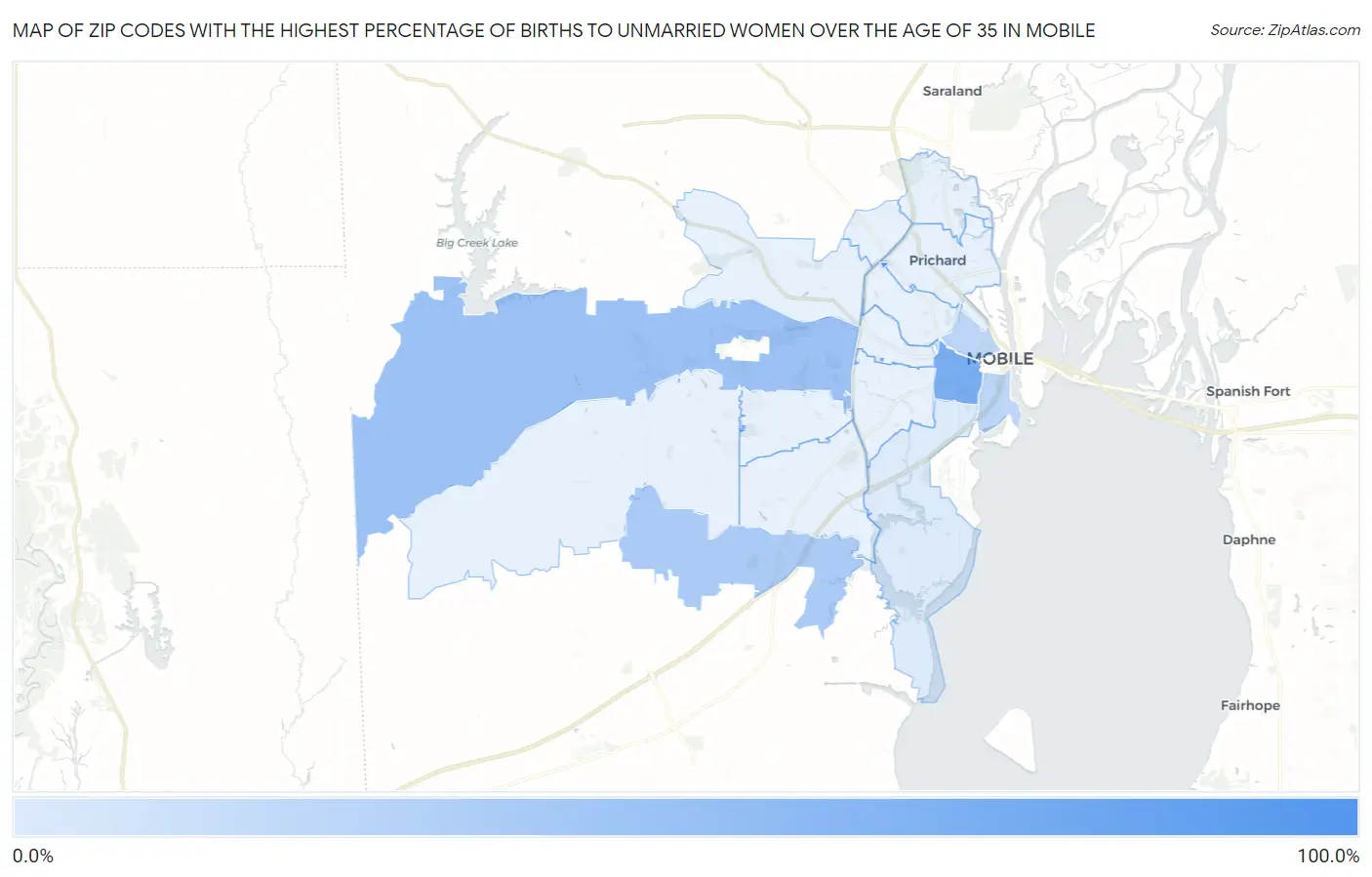 Zip Codes with the Highest Percentage of Births to Unmarried Women over the Age of 35 in Mobile Map
