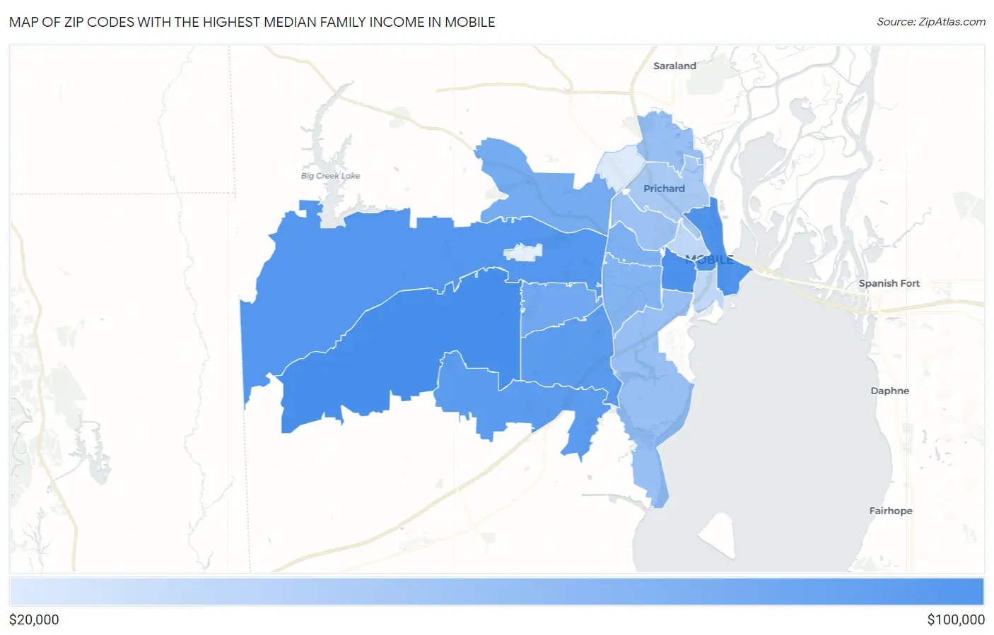 Zip Codes with the Highest Median Family Income in Mobile Map