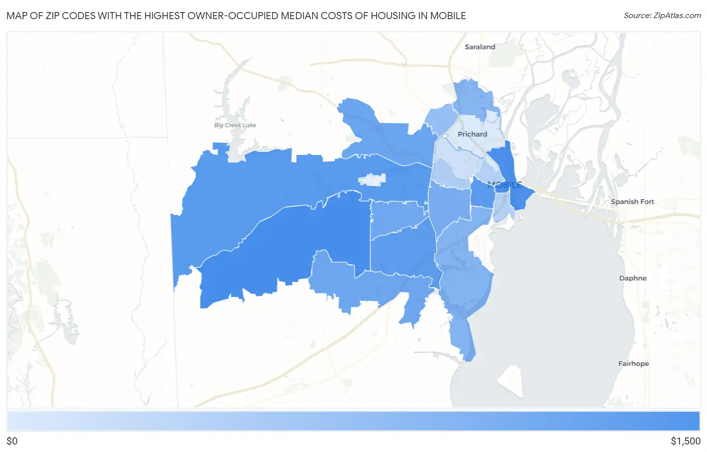 Zip Codes with the Highest Owner-Occupied Median Costs of Housing in Mobile Map