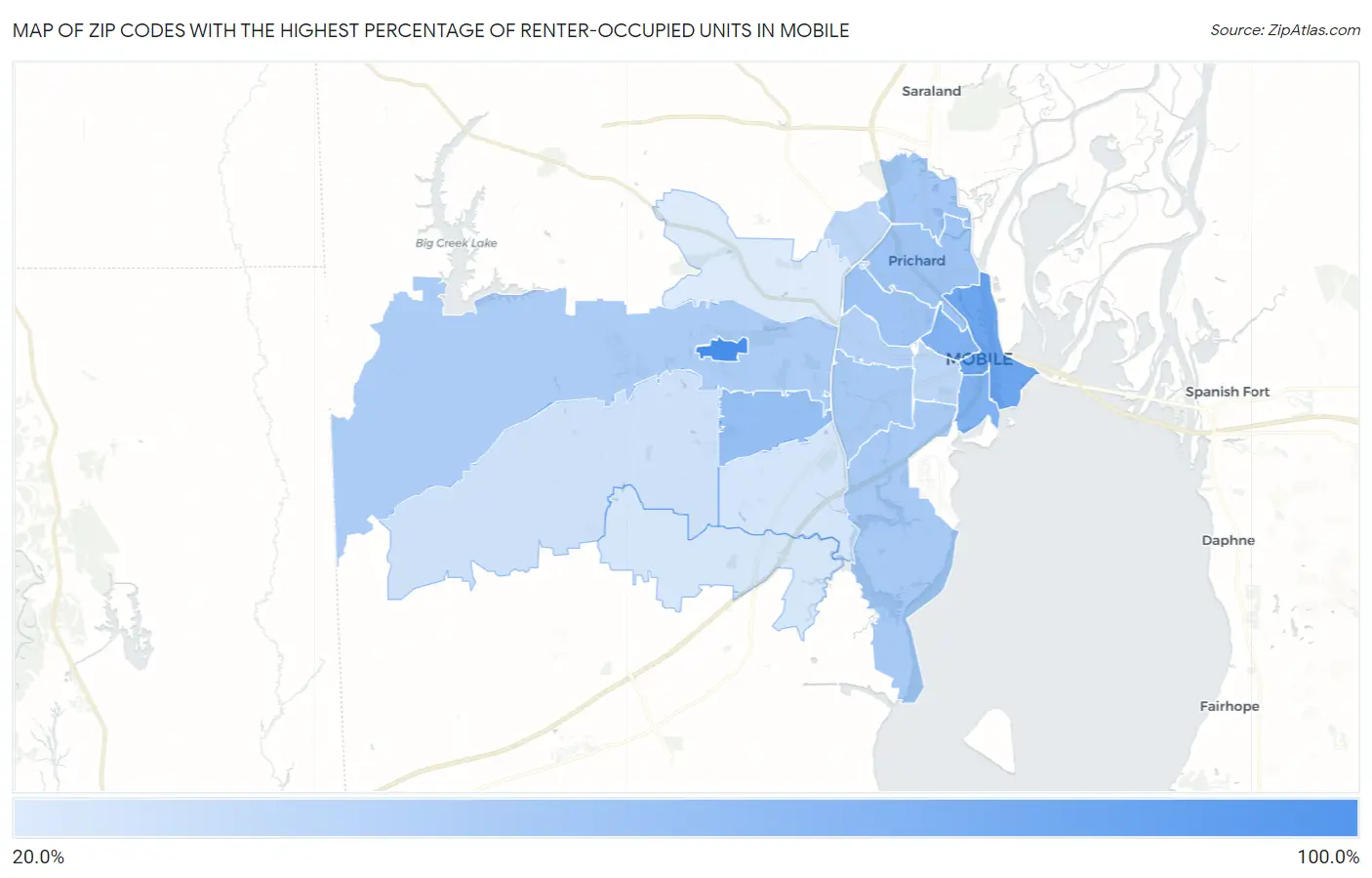 Zip Codes with the Highest Percentage of Renter-Occupied Units in Mobile Map