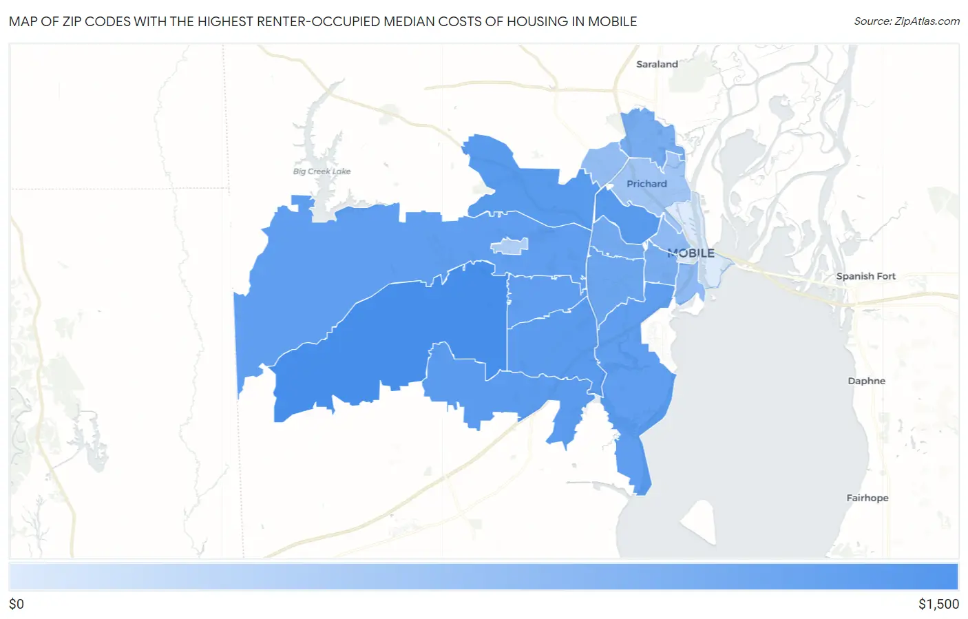 Zip Codes with the Highest Renter-Occupied Median Costs of Housing in Mobile Map