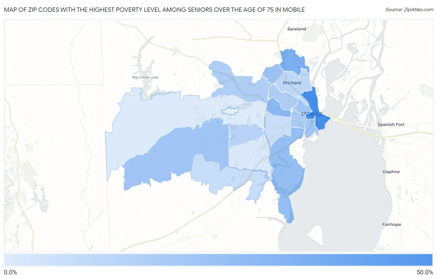 Zip Codes with the Highest Poverty Level Among Seniors Over the Age of 75 in Mobile Map
