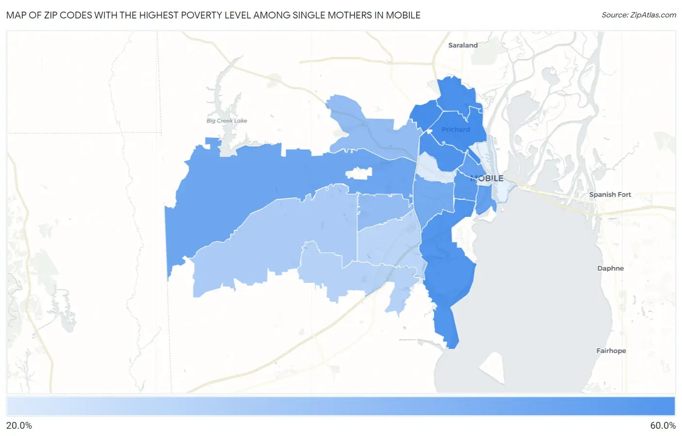 Zip Codes with the Highest Poverty Level Among Single Mothers in Mobile Map