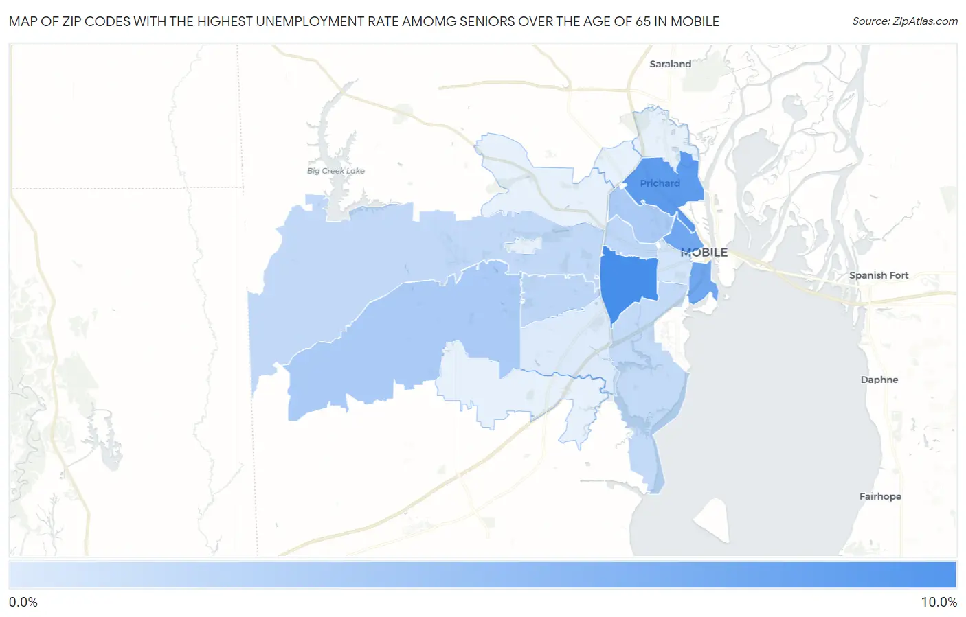Zip Codes with the Highest Unemployment Rate Amomg Seniors Over the Age of 65 in Mobile Map