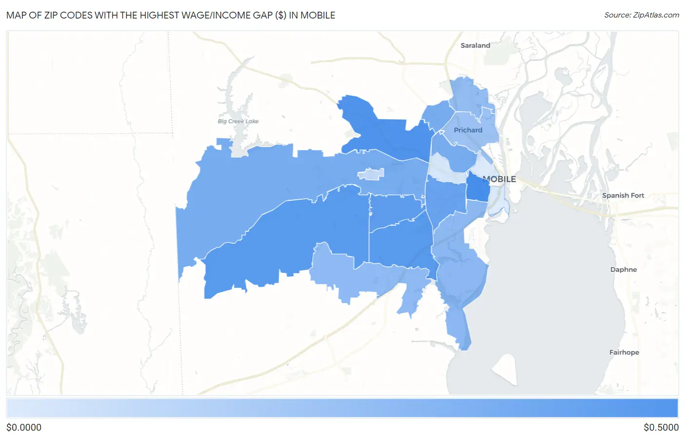 Zip Codes with the Highest Wage/Income Gap ($) in Mobile Map