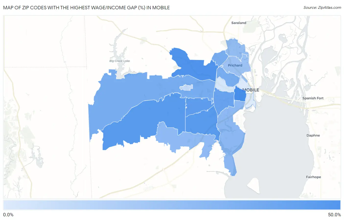 Zip Codes with the Highest Wage/Income Gap (%) in Mobile Map