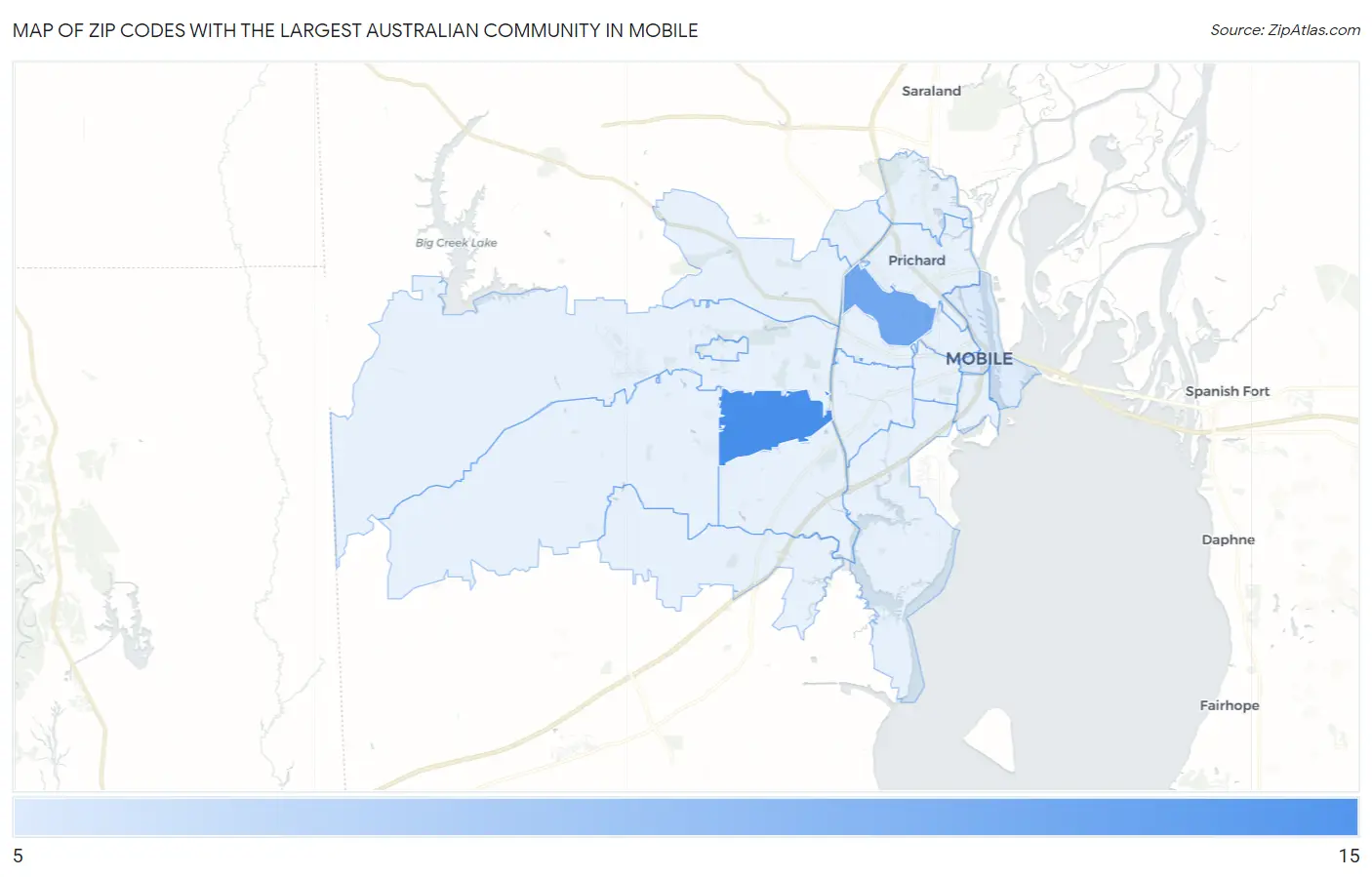 Zip Codes with the Largest Australian Community in Mobile Map
