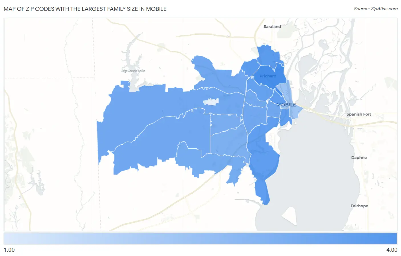 Zip Codes with the Largest Family Size in Mobile Map