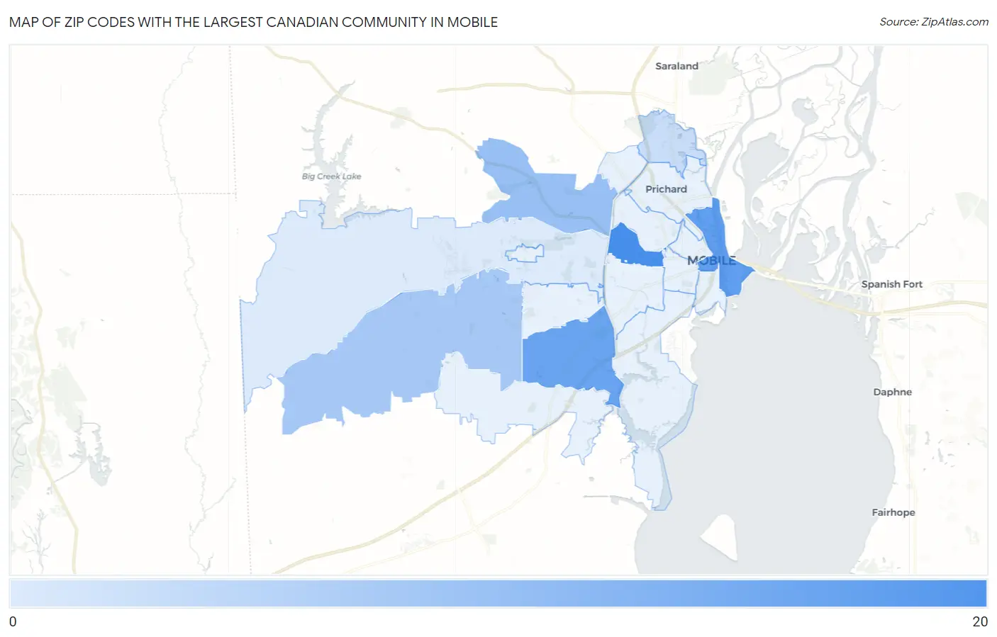 Zip Codes with the Largest Canadian Community in Mobile Map