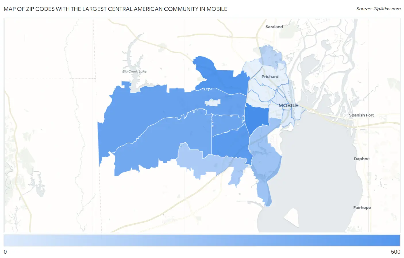 Zip Codes with the Largest Central American Community in Mobile Map