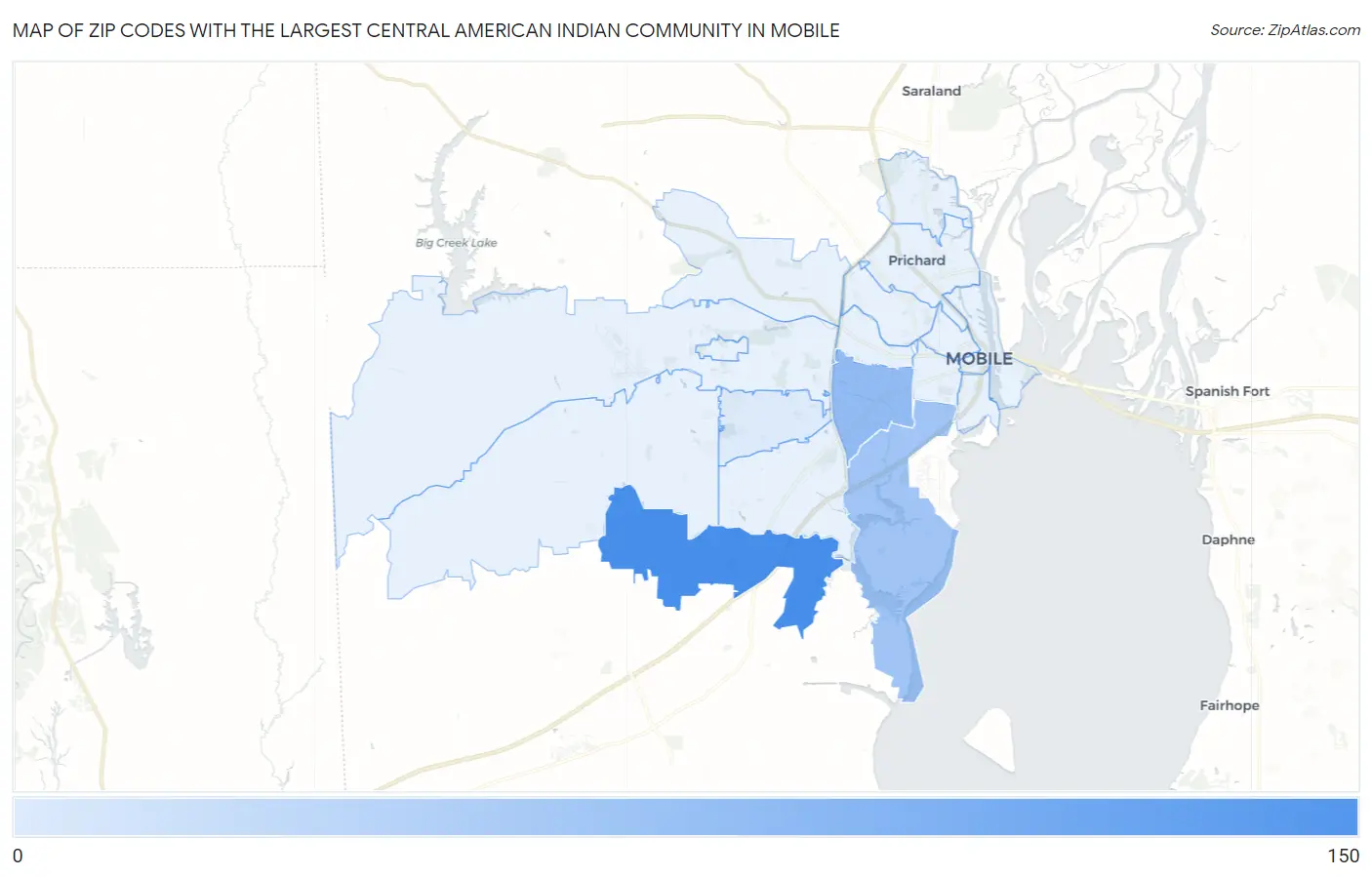 Zip Codes with the Largest Central American Indian Community in Mobile Map