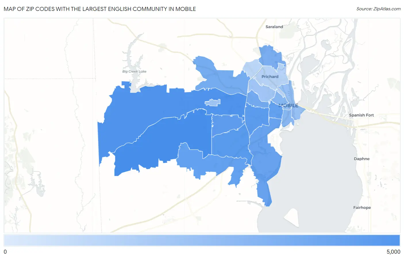 Zip Codes with the Largest English Community in Mobile Map