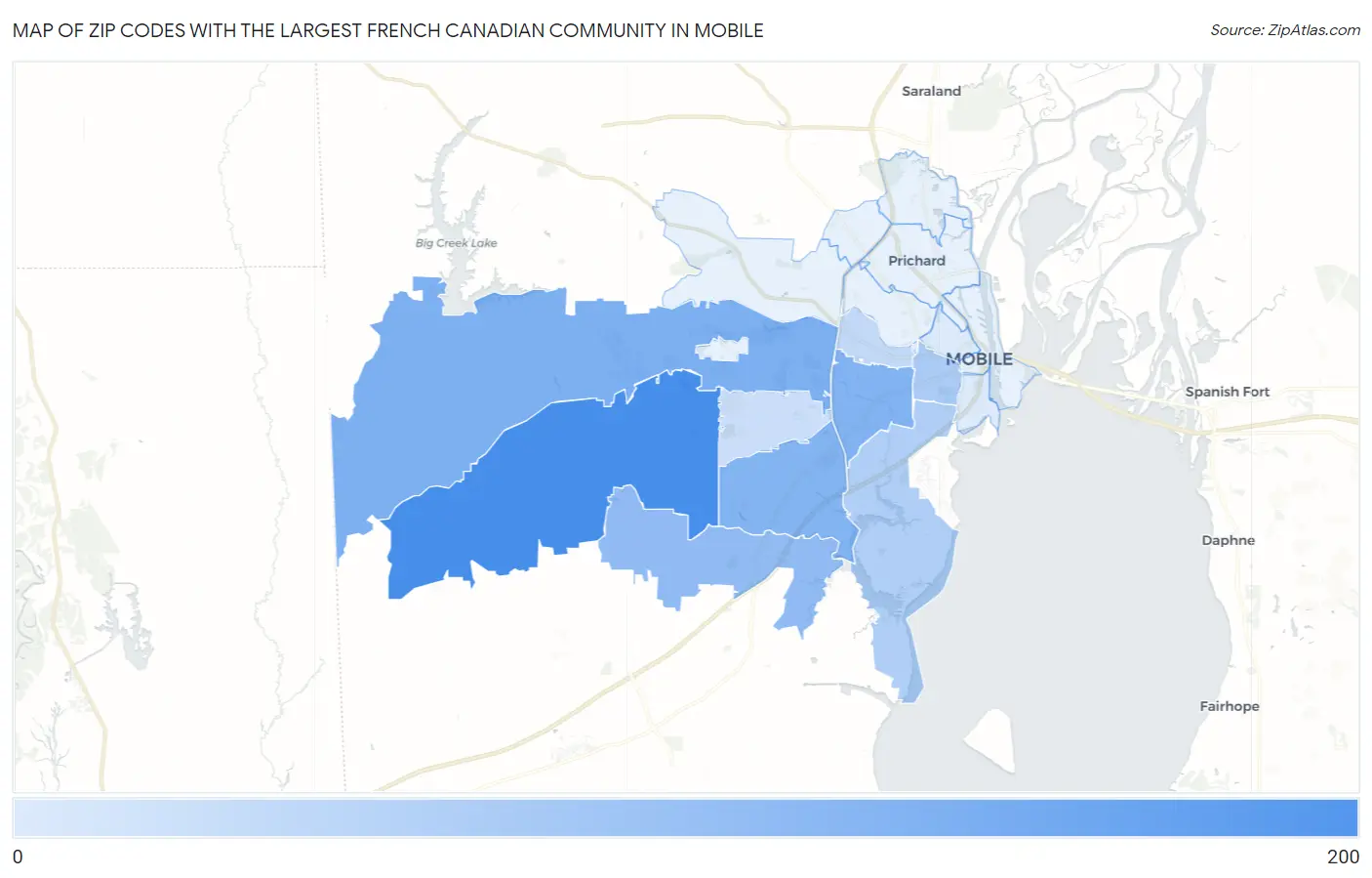 Zip Codes with the Largest French Canadian Community in Mobile Map