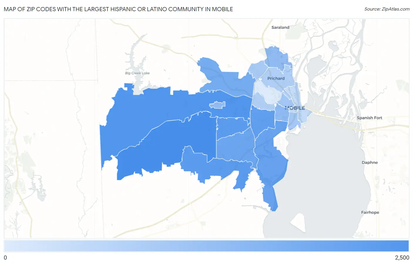 Zip Codes with the Largest Hispanic or Latino Community in Mobile Map