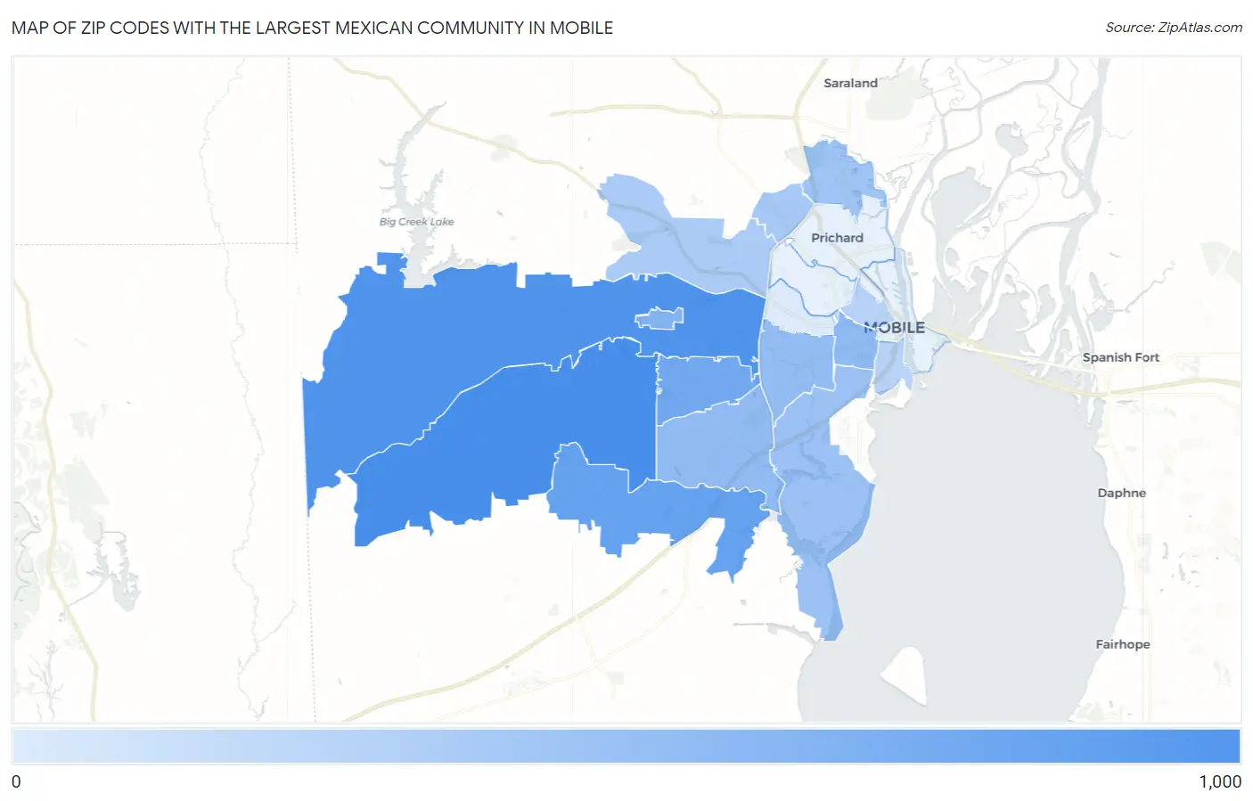 Zip Codes with the Largest Mexican Community in Mobile Map