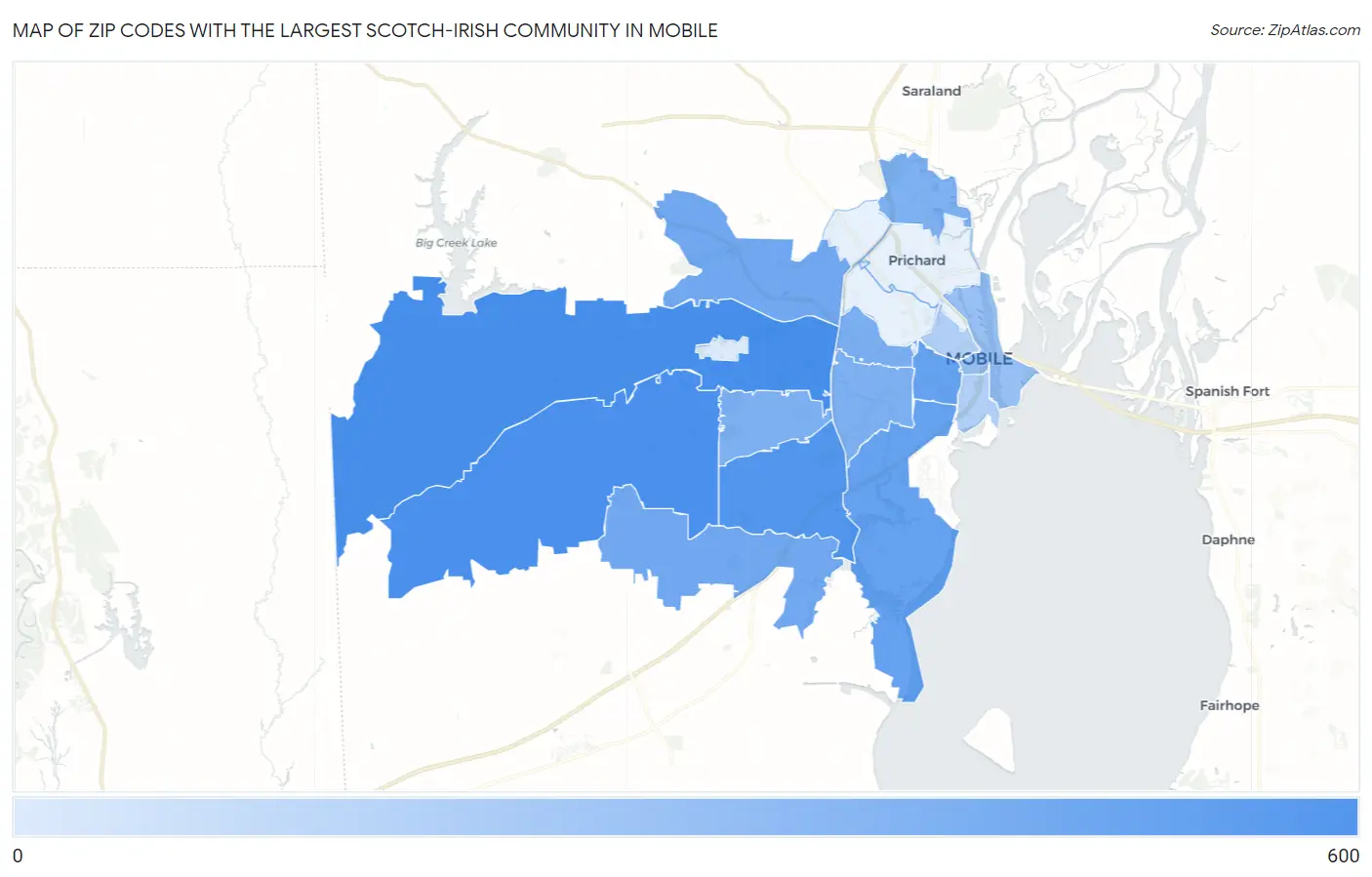Zip Codes with the Largest Scotch-Irish Community in Mobile Map
