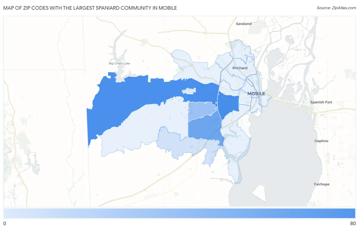 Zip Codes with the Largest Spaniard Community in Mobile Map