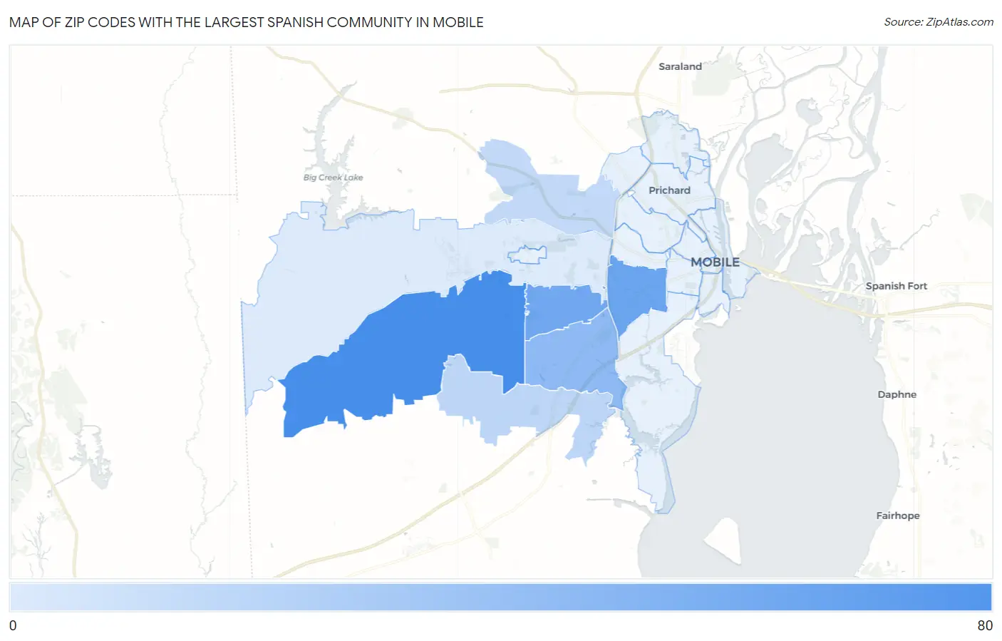 Zip Codes with the Largest Spanish Community in Mobile Map