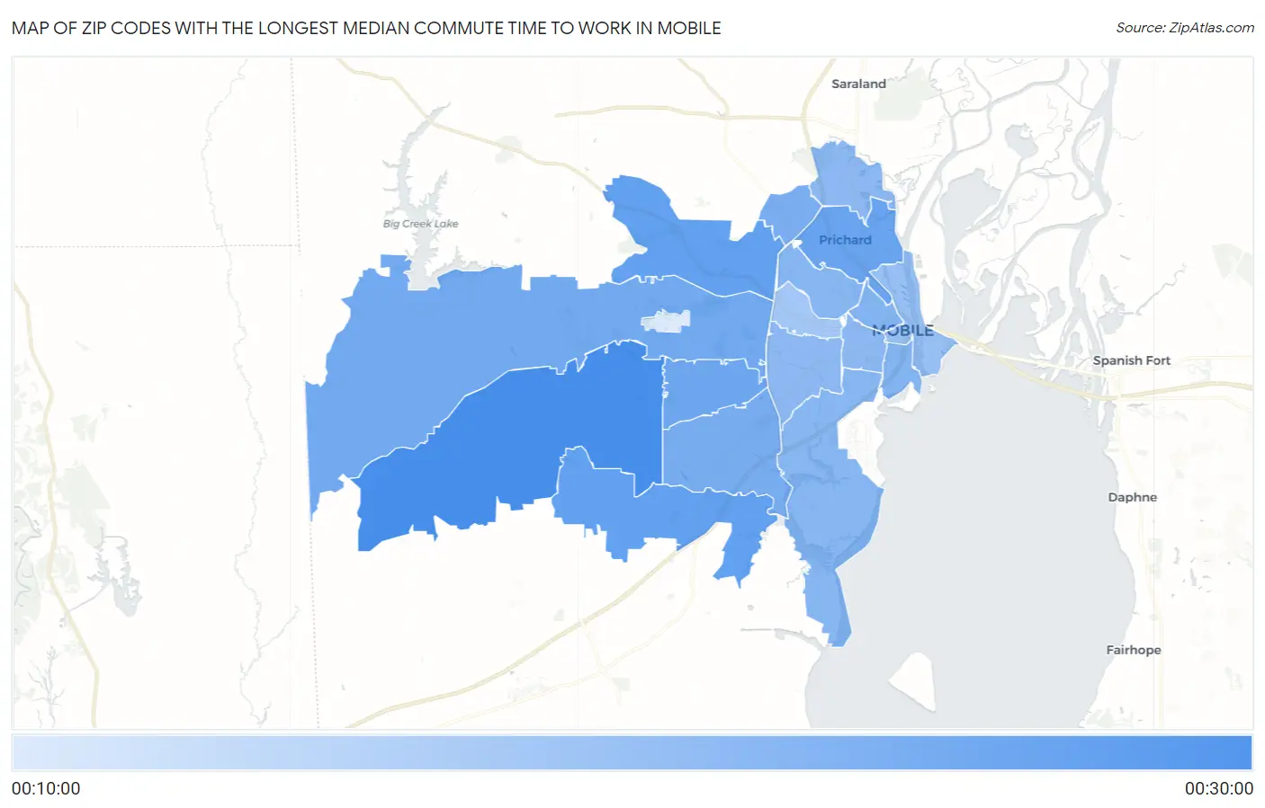 Zip Codes with the Longest Median Commute Time to Work in Mobile Map