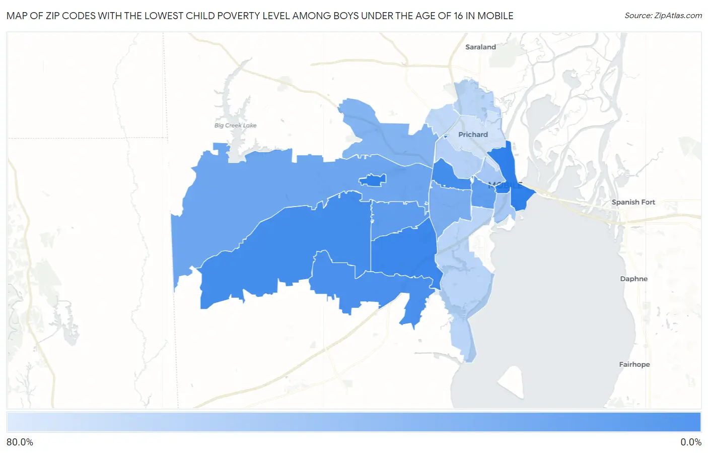 Zip Codes with the Lowest Child Poverty Level Among Boys Under the Age of 16 in Mobile Map