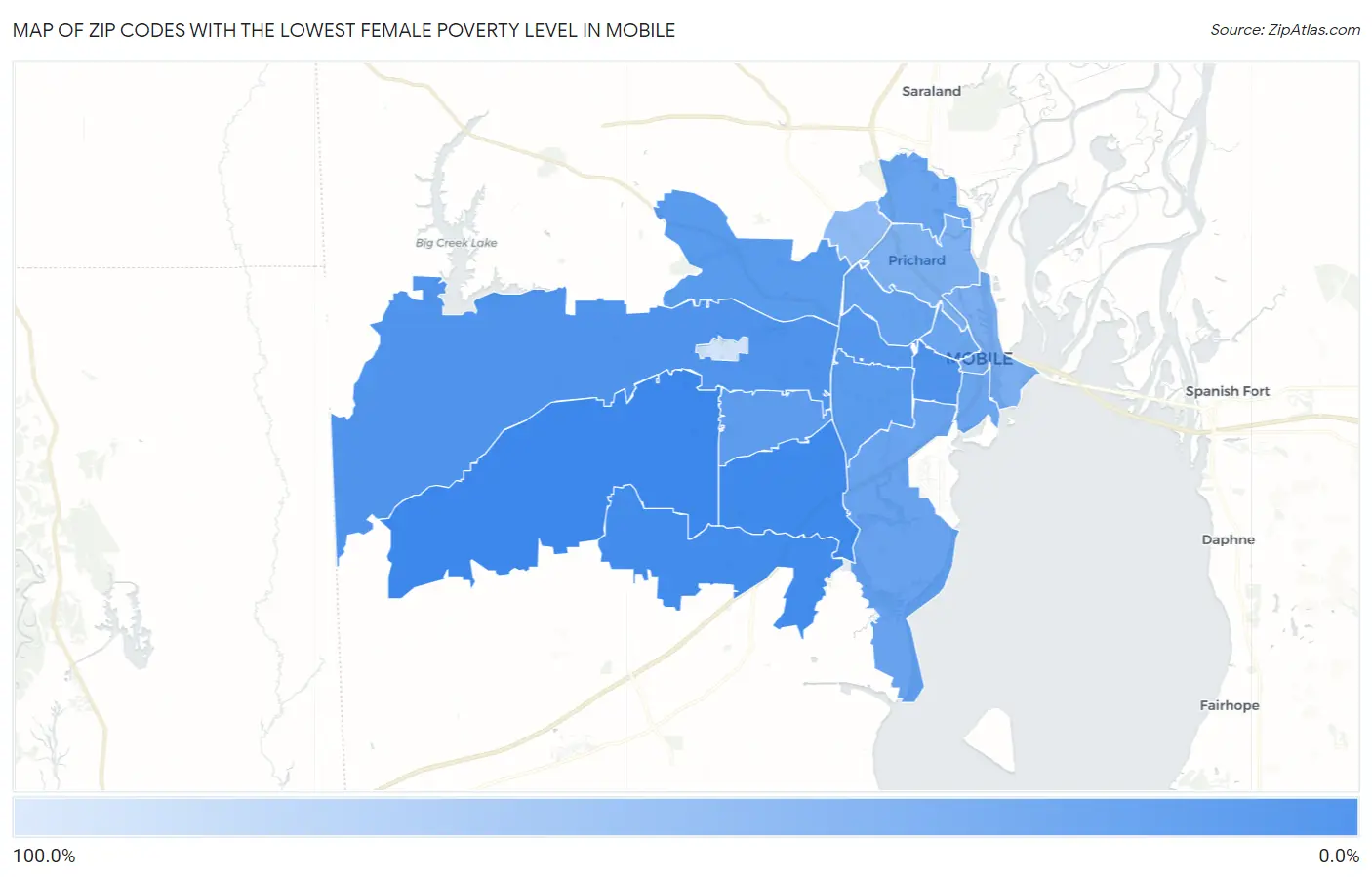 Zip Codes with the Lowest Female Poverty Level in Mobile Map