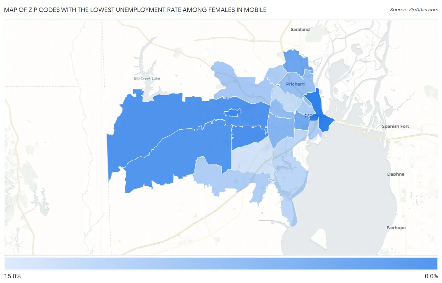 Zip Codes with the Lowest Unemployment Rate Among Females in Mobile Map