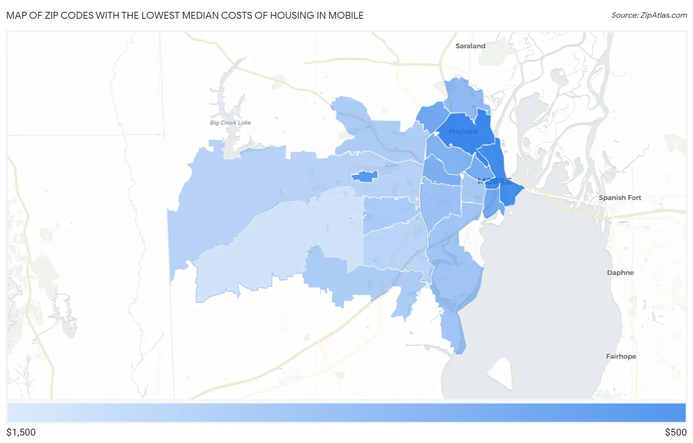Zip Codes with the Lowest Median Costs of Housing in Mobile Map