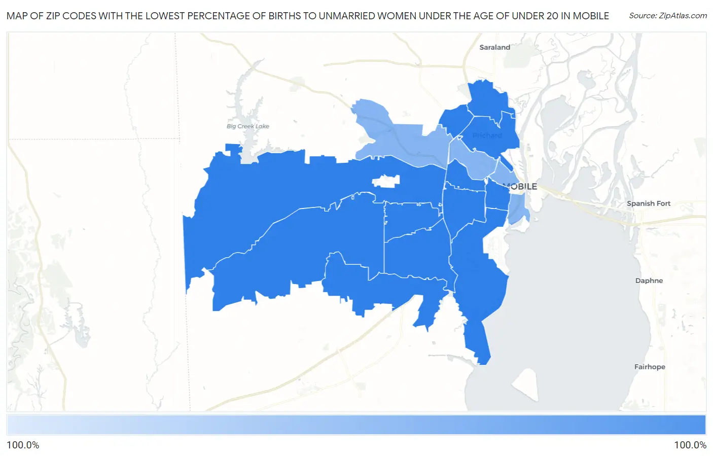 Zip Codes with the Lowest Percentage of Births to Unmarried Women under the Age of under 20 in Mobile Map
