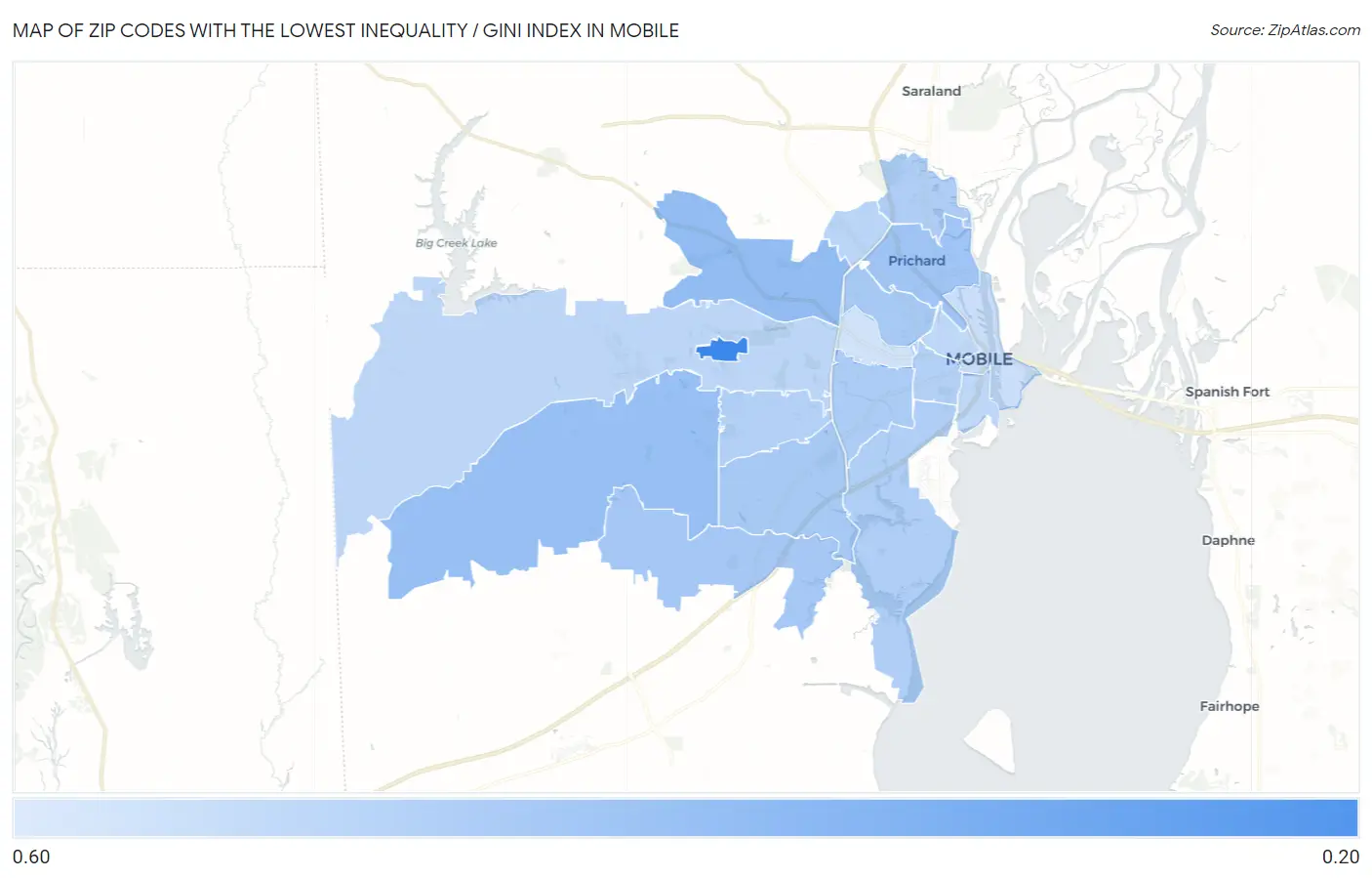 Zip Codes with the Lowest Inequality / Gini Index in Mobile Map