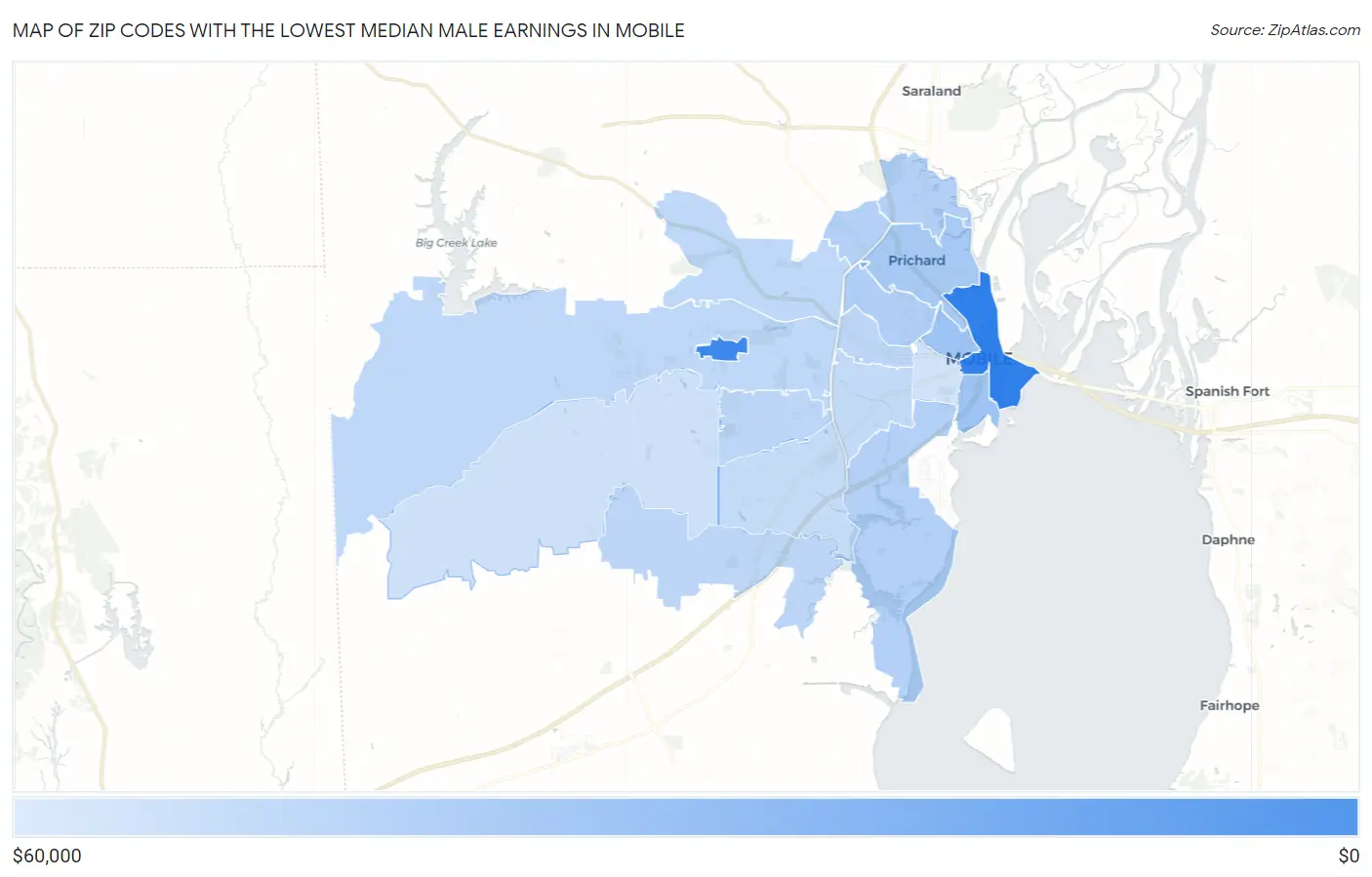 Zip Codes with the Lowest Median Male Earnings in Mobile Map