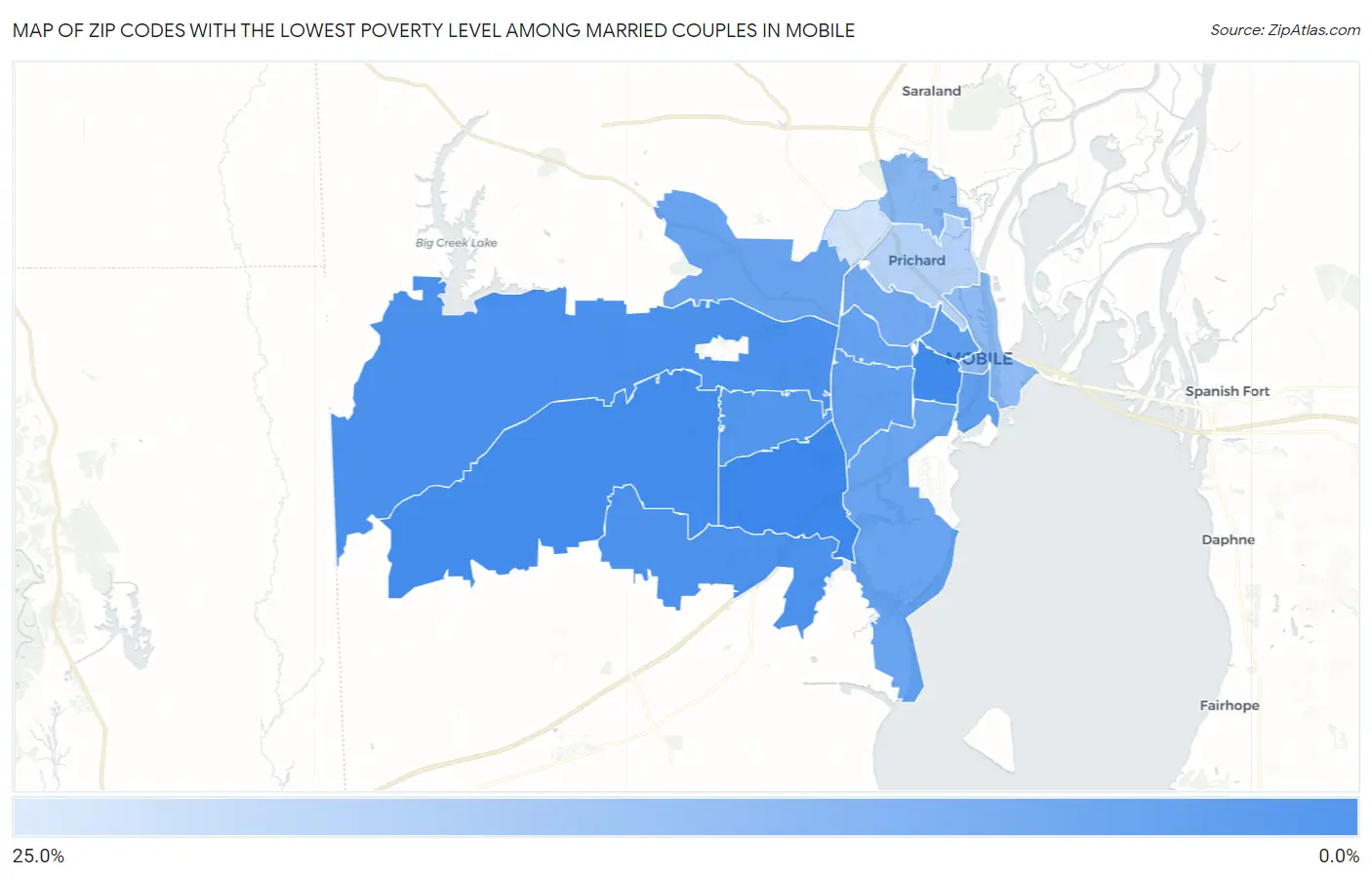 Zip Codes with the Lowest Poverty Level Among Married Couples in Mobile Map