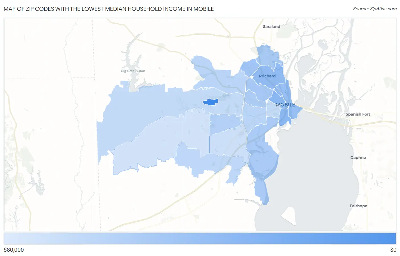 Zip Codes with the Lowest Median Household Income in Mobile Map