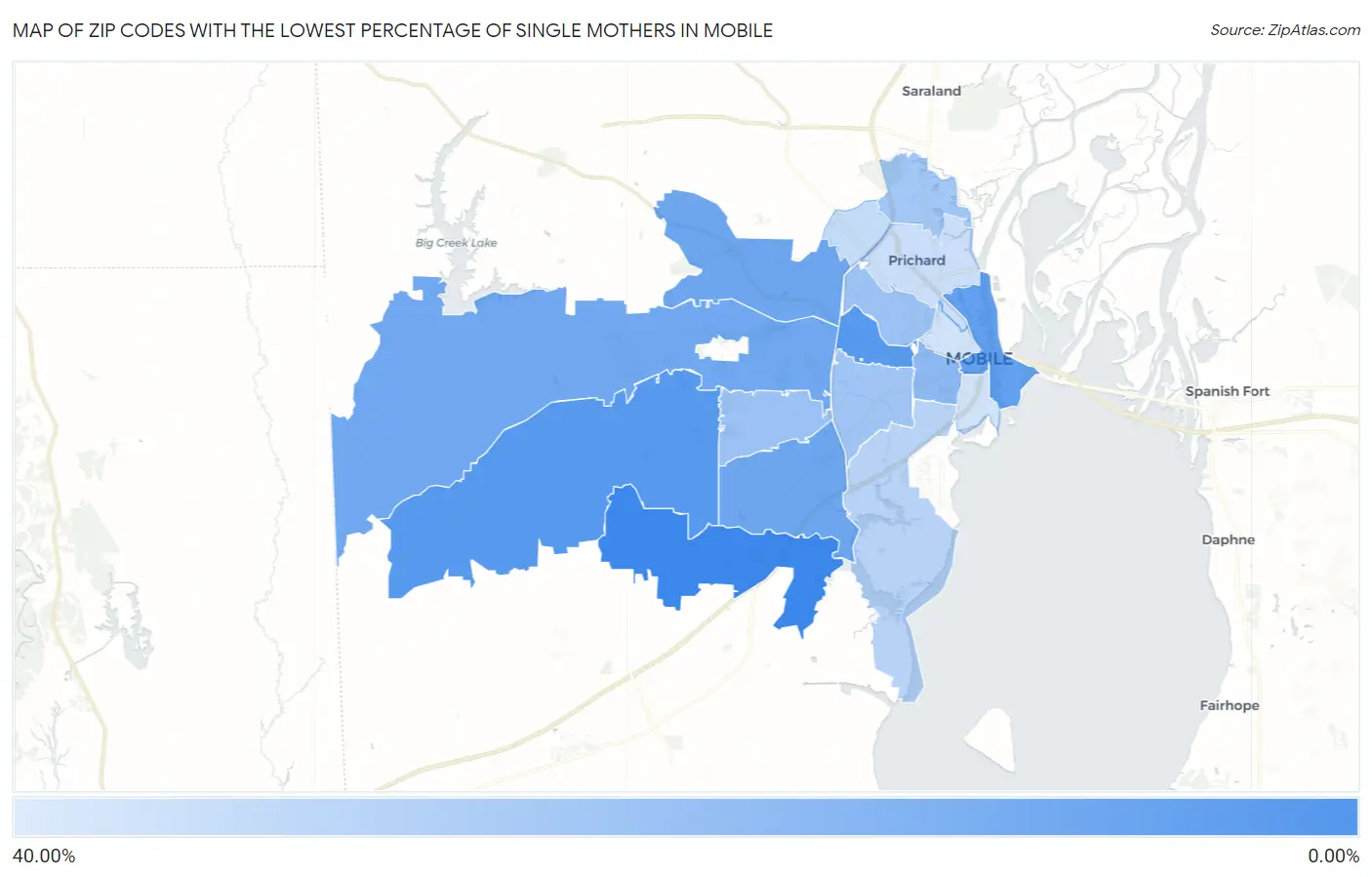 Zip Codes with the Lowest Percentage of Single Mothers in Mobile Map