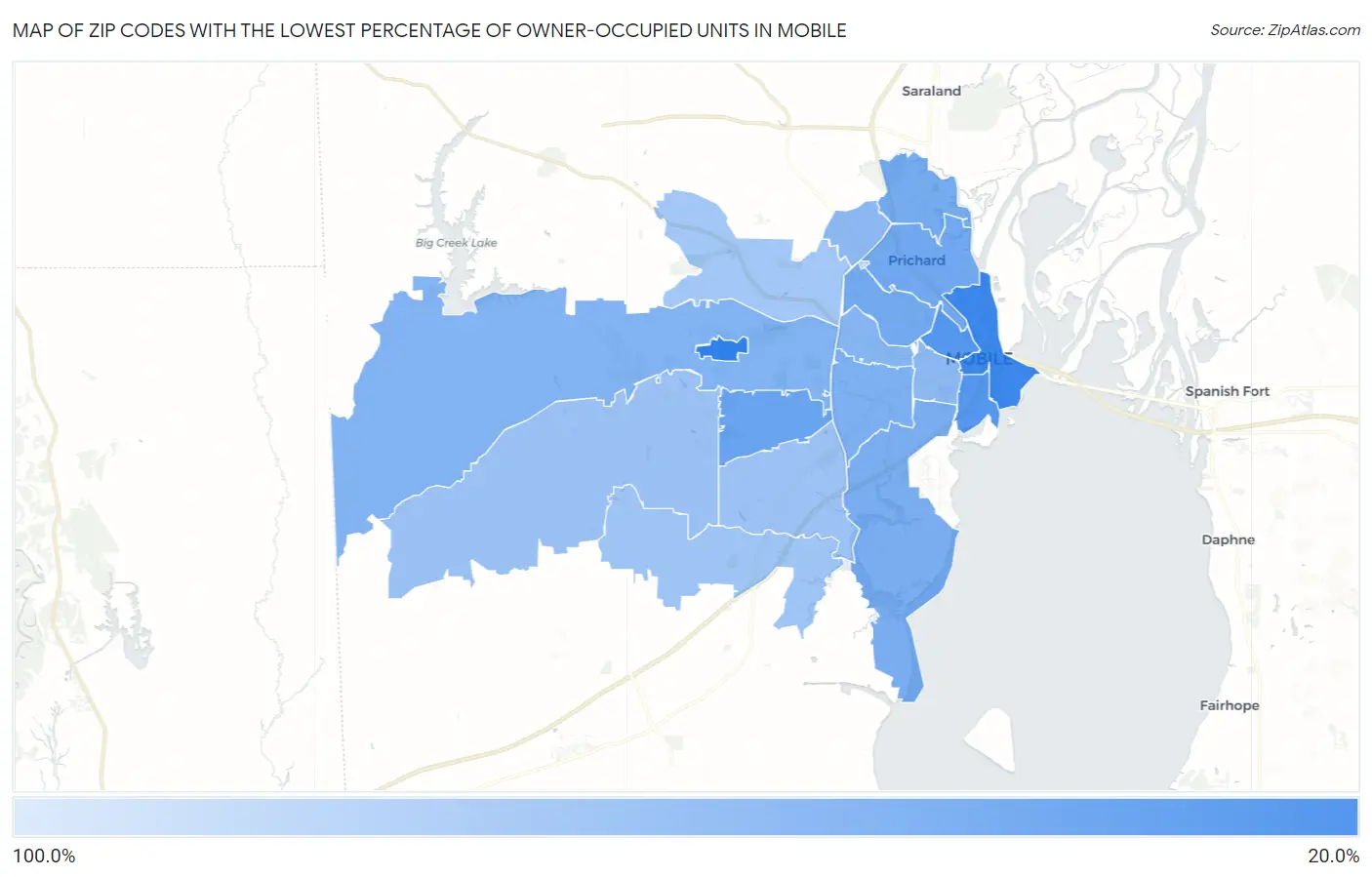 Zip Codes with the Lowest Percentage of Owner-Occupied Units in Mobile Map