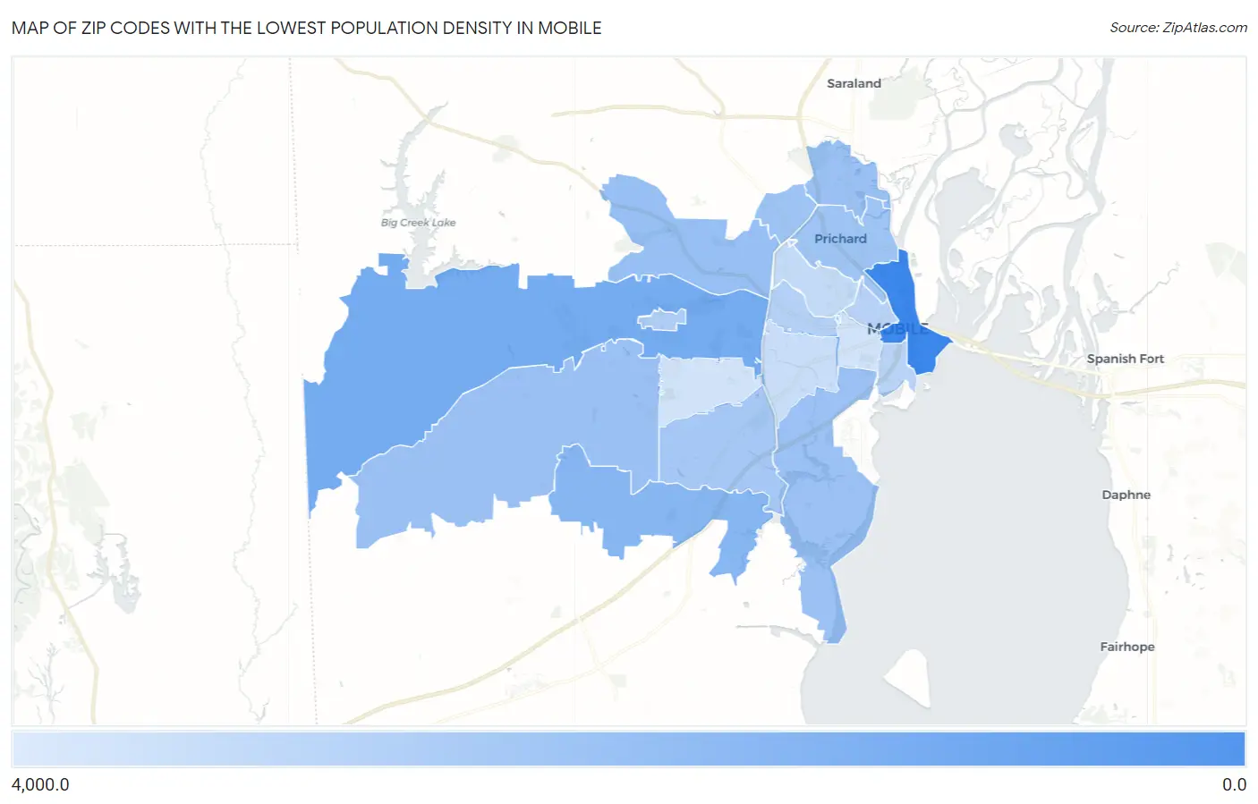 Zip Codes with the Lowest Population Density in Mobile Map