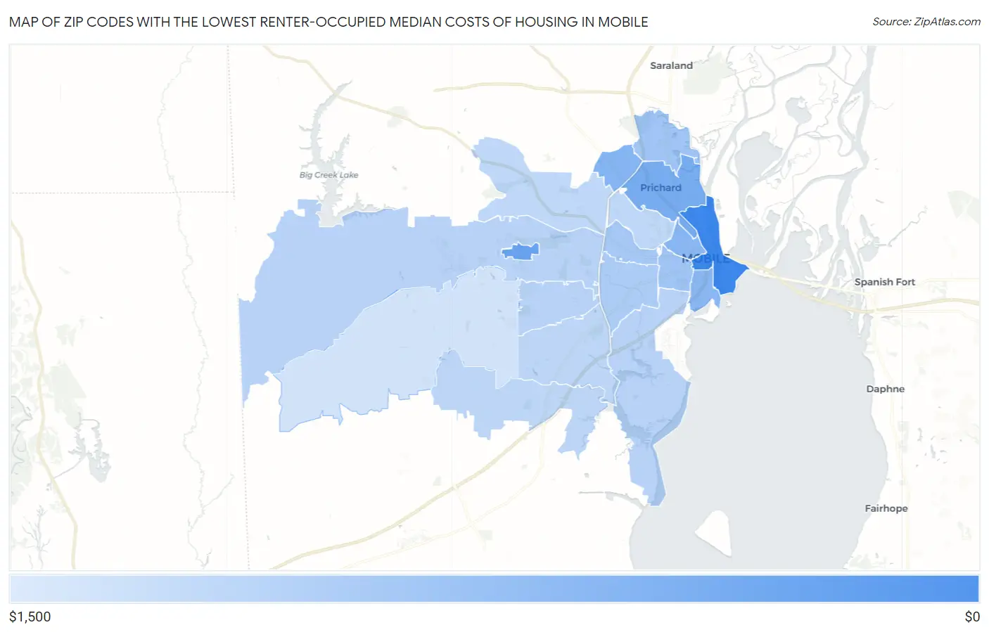 Zip Codes with the Lowest Renter-Occupied Median Costs of Housing in Mobile Map