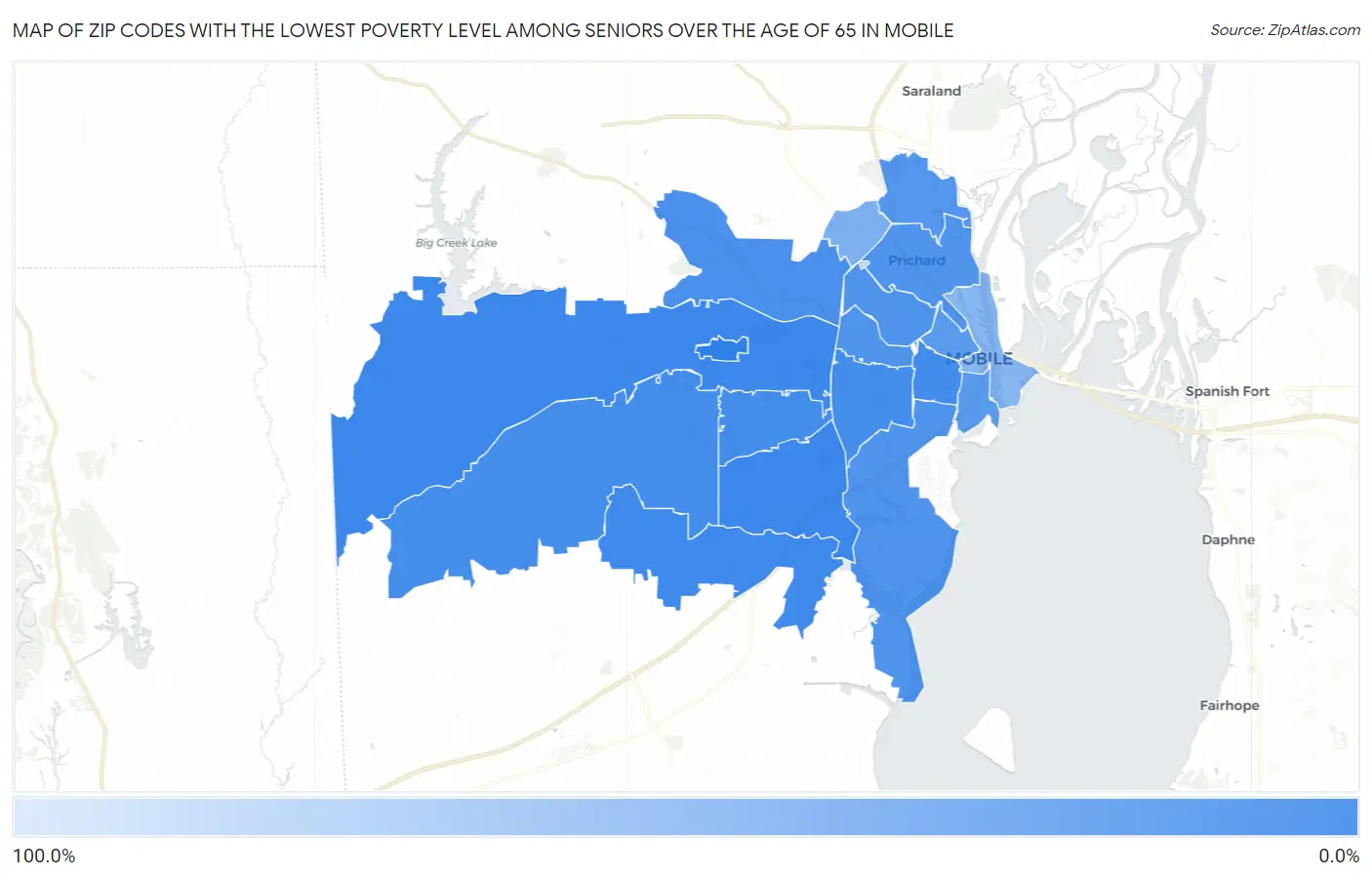 Zip Codes with the Lowest Poverty Level Among Seniors Over the Age of 65 in Mobile Map