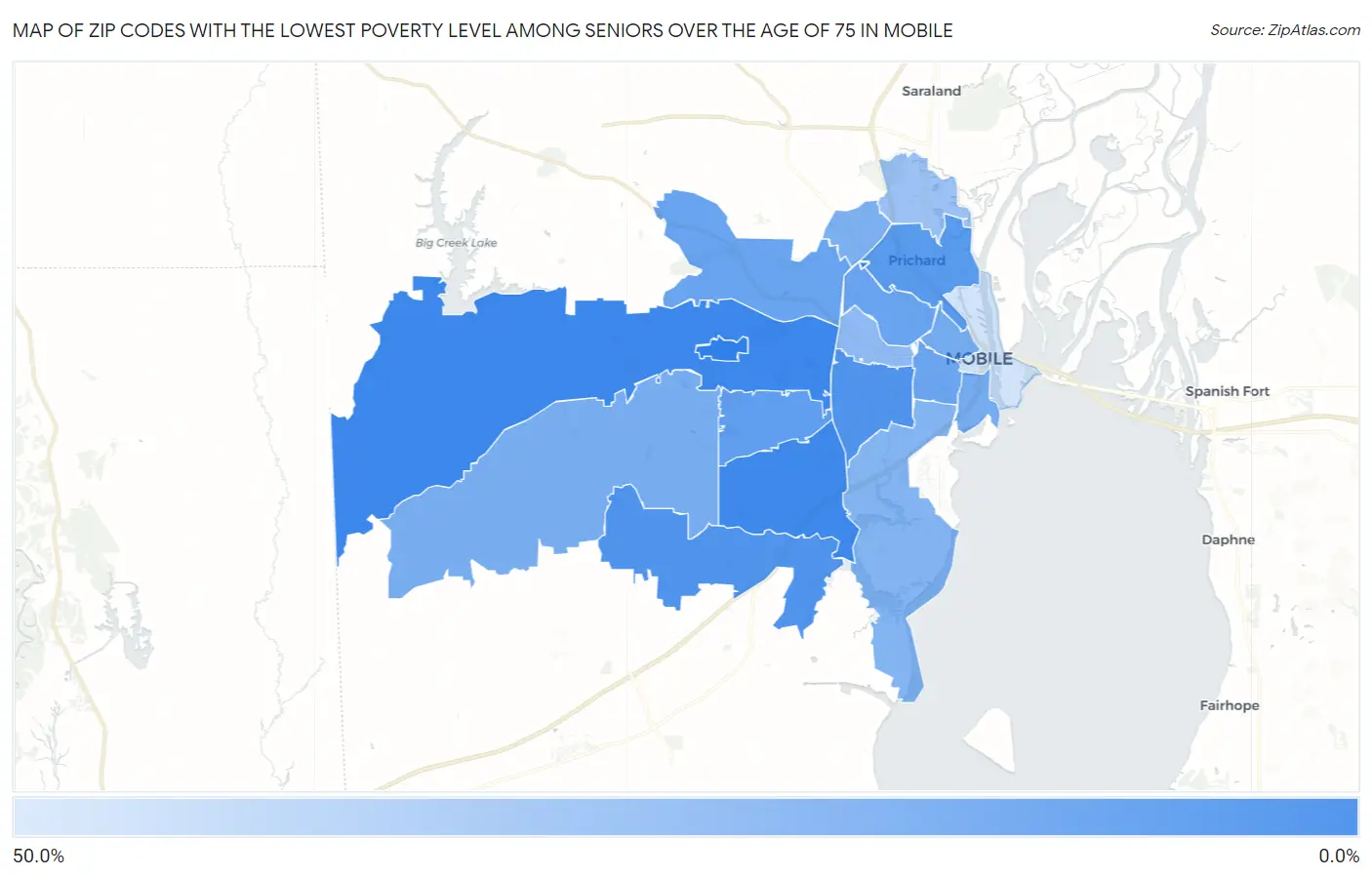 Zip Codes with the Lowest Poverty Level Among Seniors Over the Age of 75 in Mobile Map