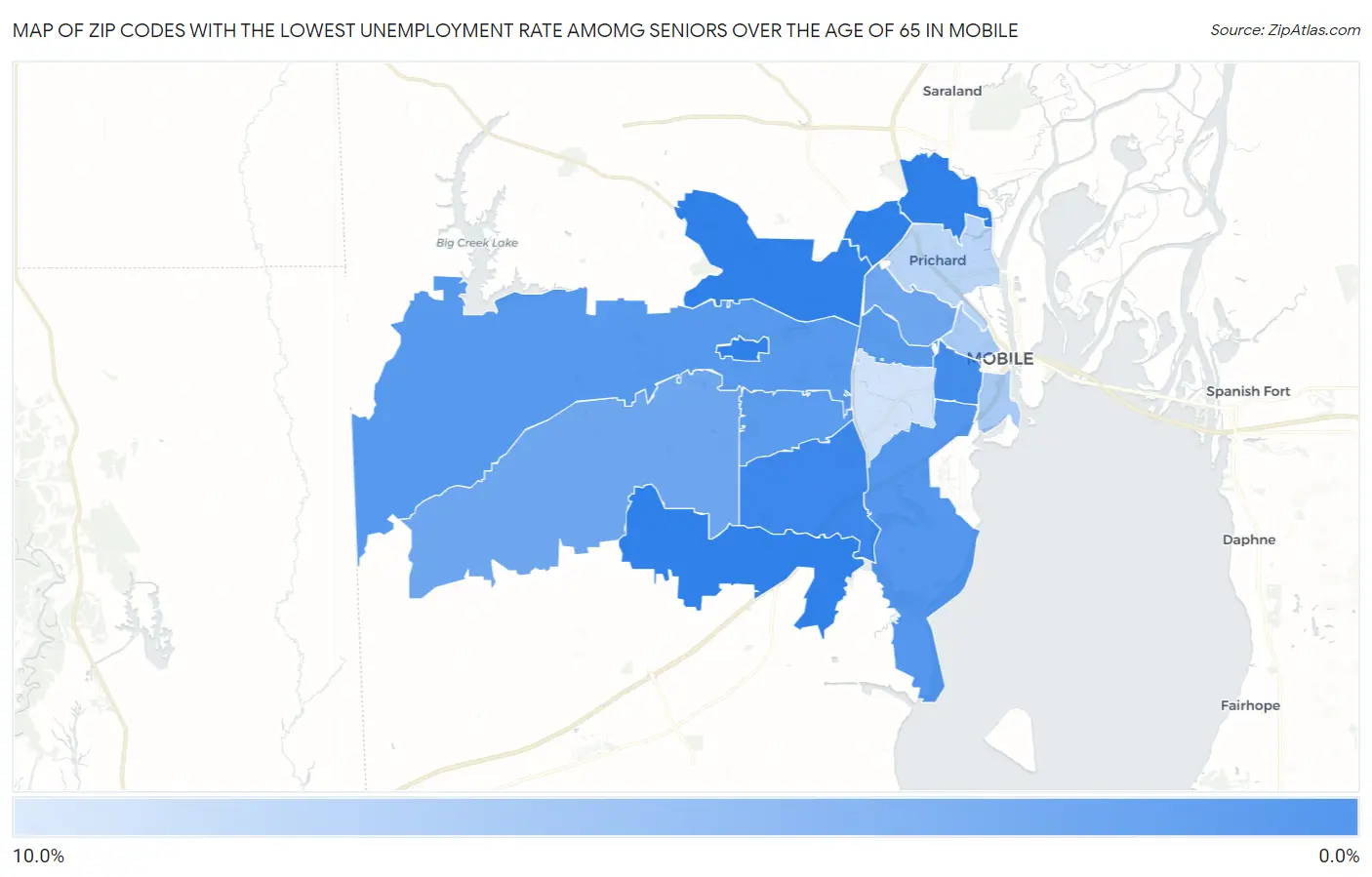 Zip Codes with the Lowest Unemployment Rate Amomg Seniors Over the Age of 65 in Mobile Map