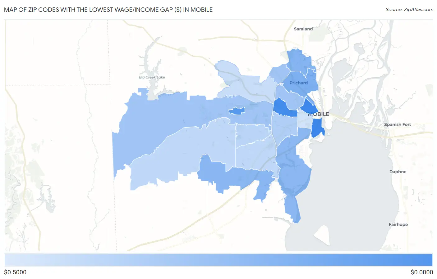 Zip Codes with the Lowest Wage/Income Gap ($) in Mobile Map