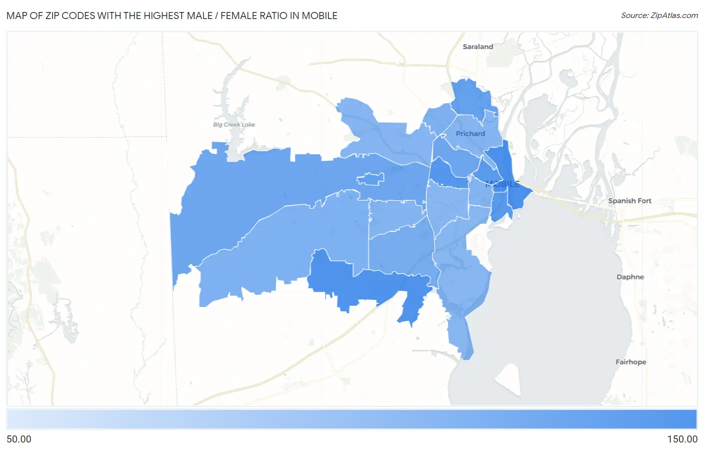 Zip Codes with the Highest Male / Female Ratio in Mobile Map