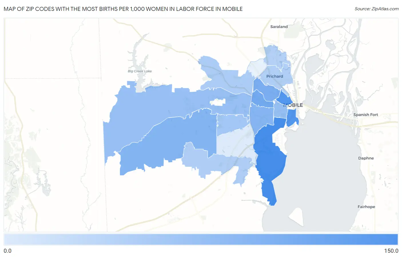 Zip Codes with the Most Births per 1,000 Women in Labor Force in Mobile Map