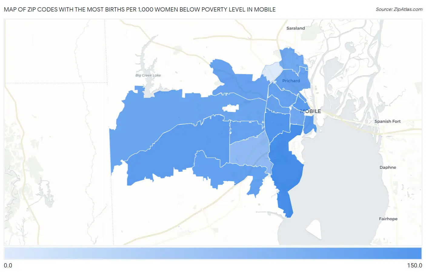 Zip Codes with the Most Births per 1,000 Women Below Poverty Level in Mobile Map