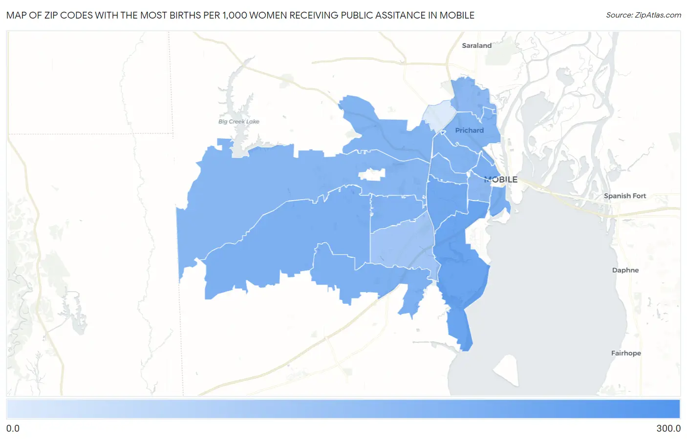 Zip Codes with the Most Births per 1,000 Women Receiving Public Assitance in Mobile Map