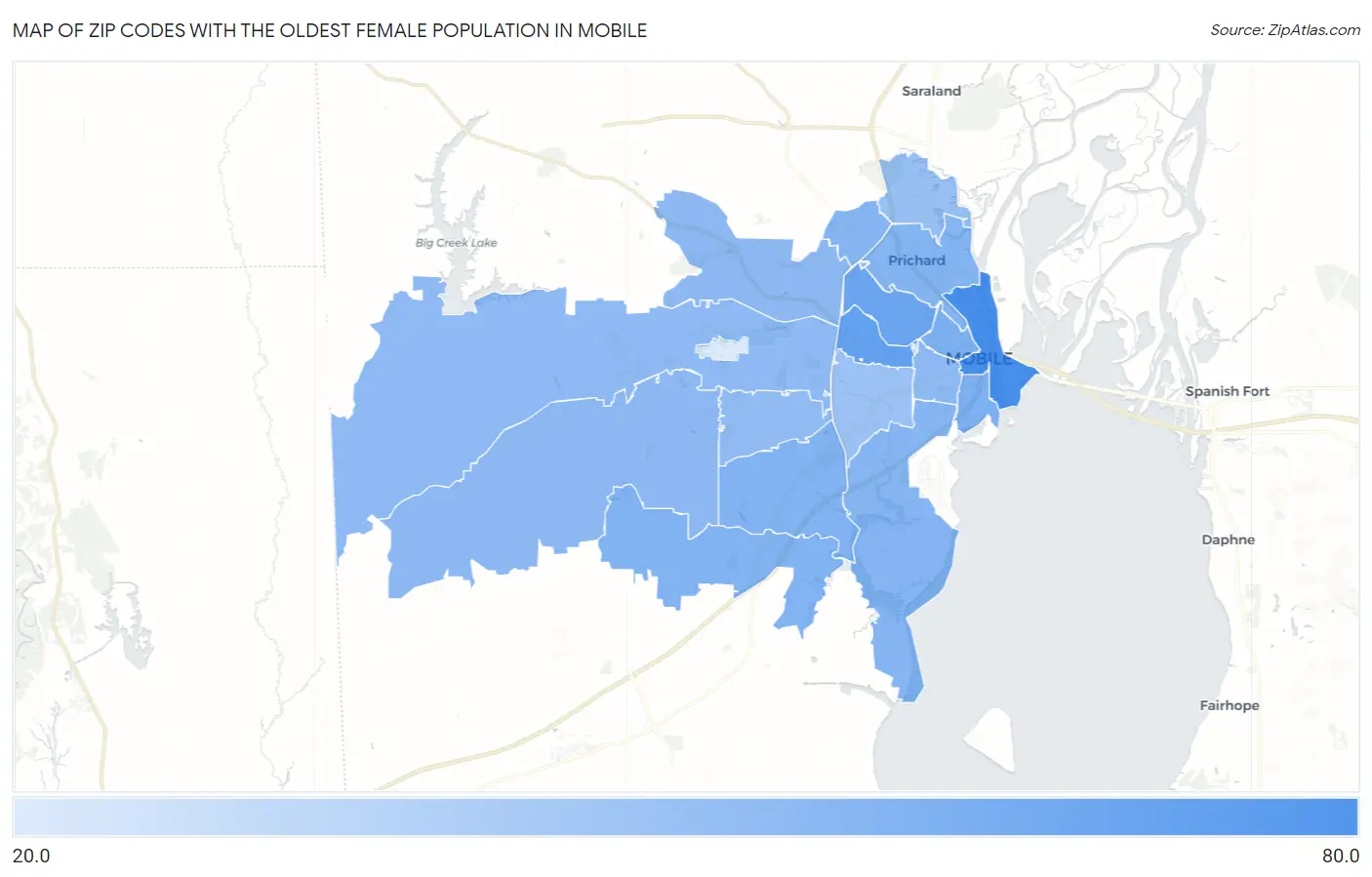 Zip Codes with the Oldest Female Population in Mobile Map