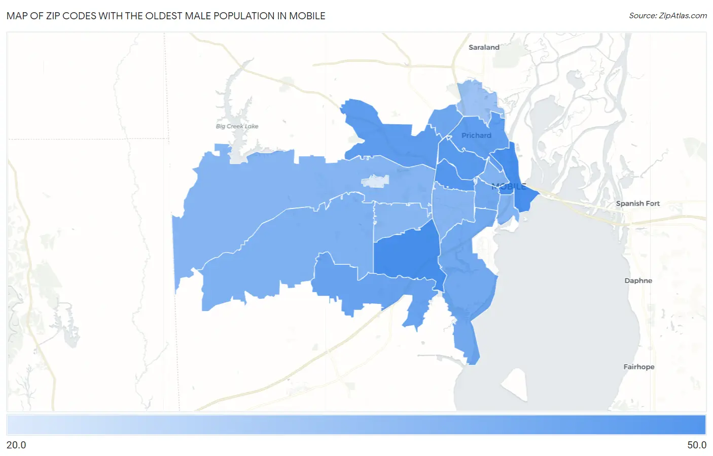 Zip Codes with the Oldest Male Population in Mobile Map