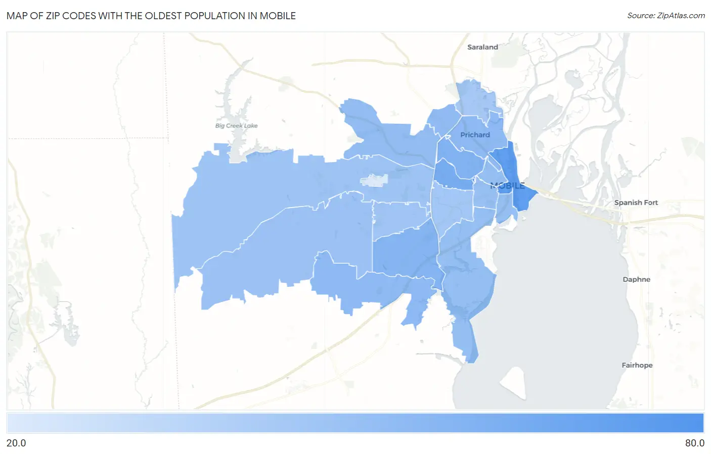 Zip Codes with the Oldest Population in Mobile Map