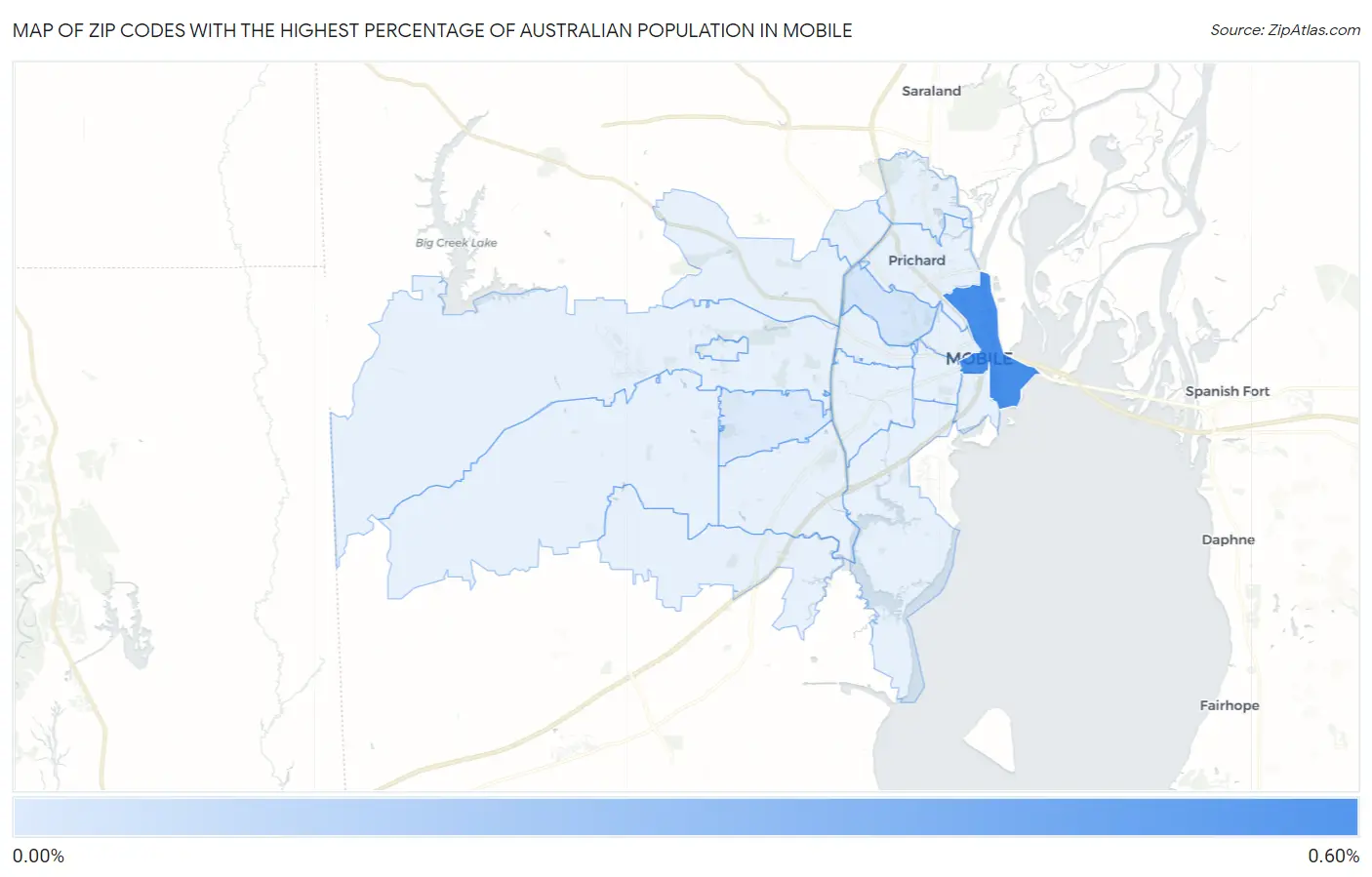 Zip Codes with the Highest Percentage of Australian Population in Mobile Map