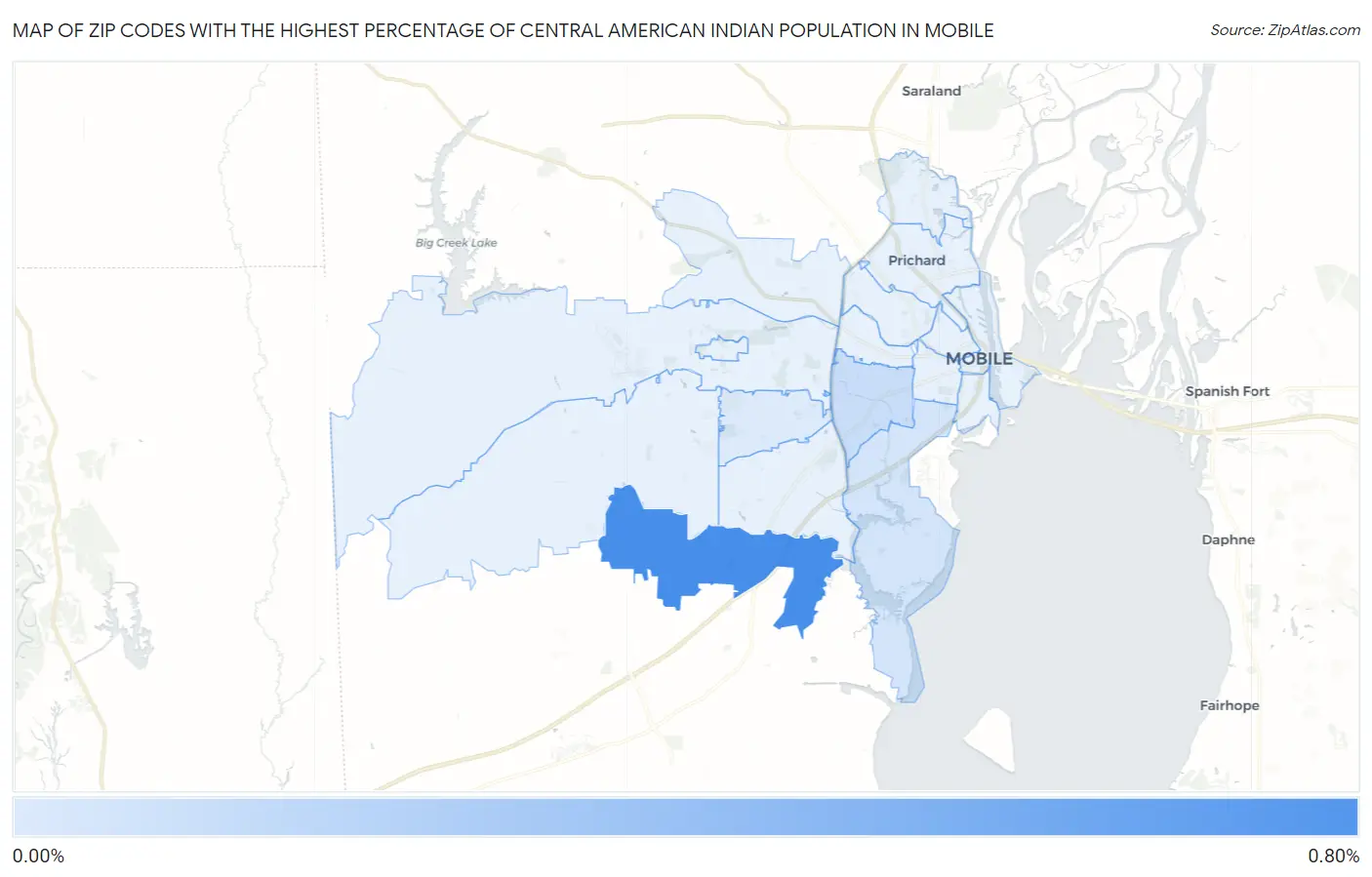 Zip Codes with the Highest Percentage of Central American Indian Population in Mobile Map