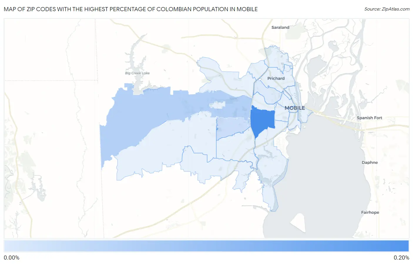 Zip Codes with the Highest Percentage of Colombian Population in Mobile Map